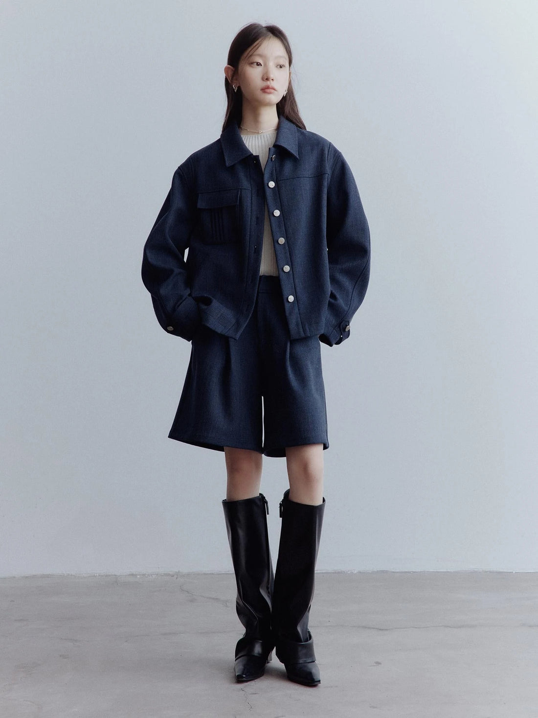 Midnight Blue Wool Blend Wide Leg Shorts