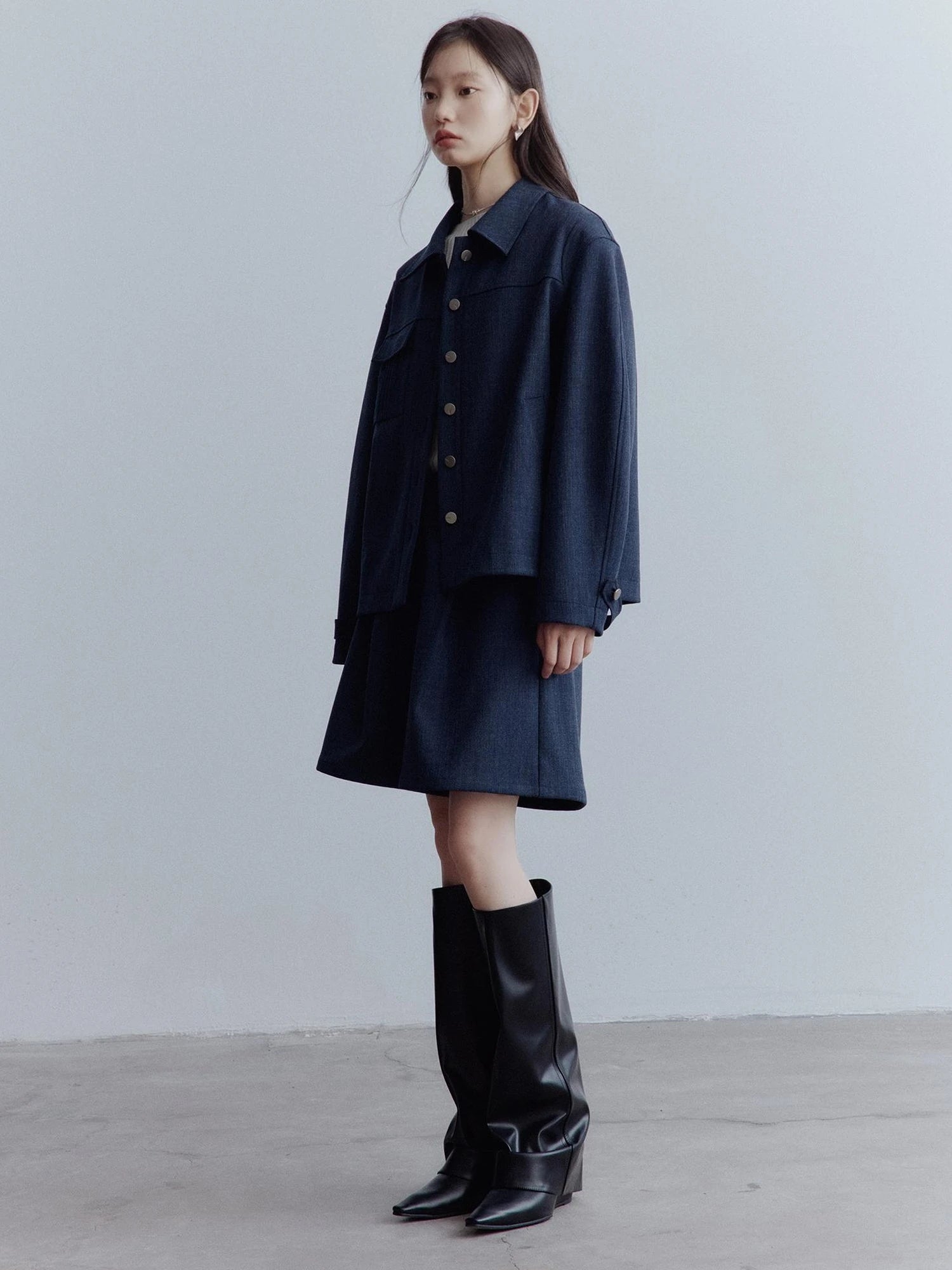 Midnight Blue Wool Blend Wide Leg Shorts