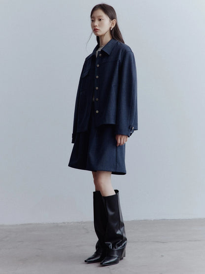 Midnight Blue Wool Blend Wide Leg Shorts