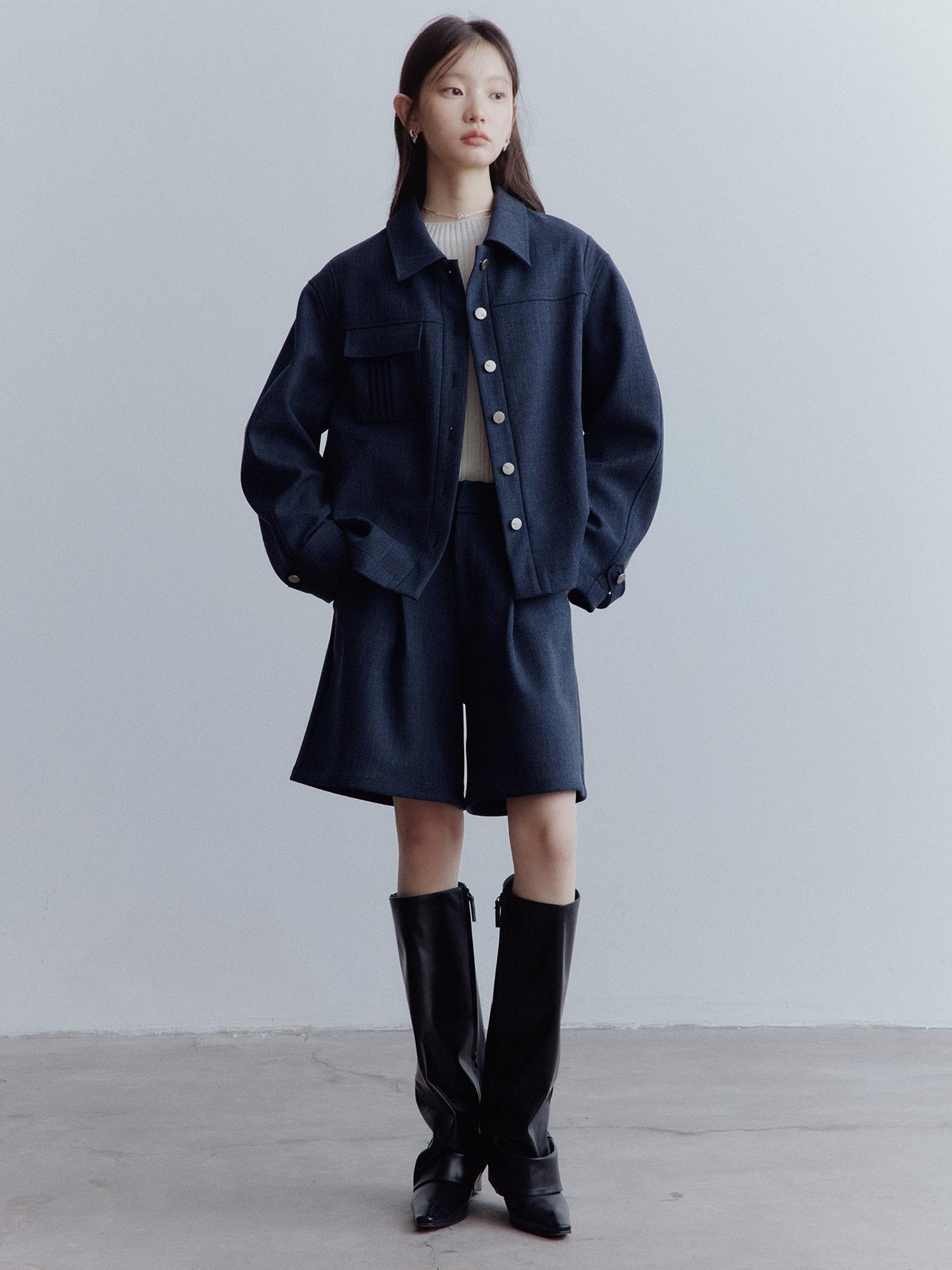 FUSSED Midnight Blue Wool Blend Wide Leg Shorts