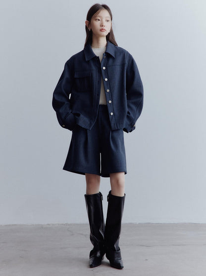 FUSSED Midnight Blue Wool Blend Wide Leg Shorts