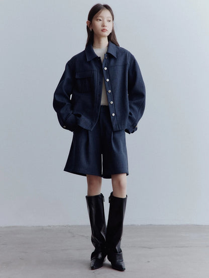 Midnight Blue Wool Blend Wide Leg Shorts