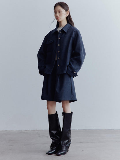 FUSSED Midnight Blue Wool Blend Wide Leg Shorts