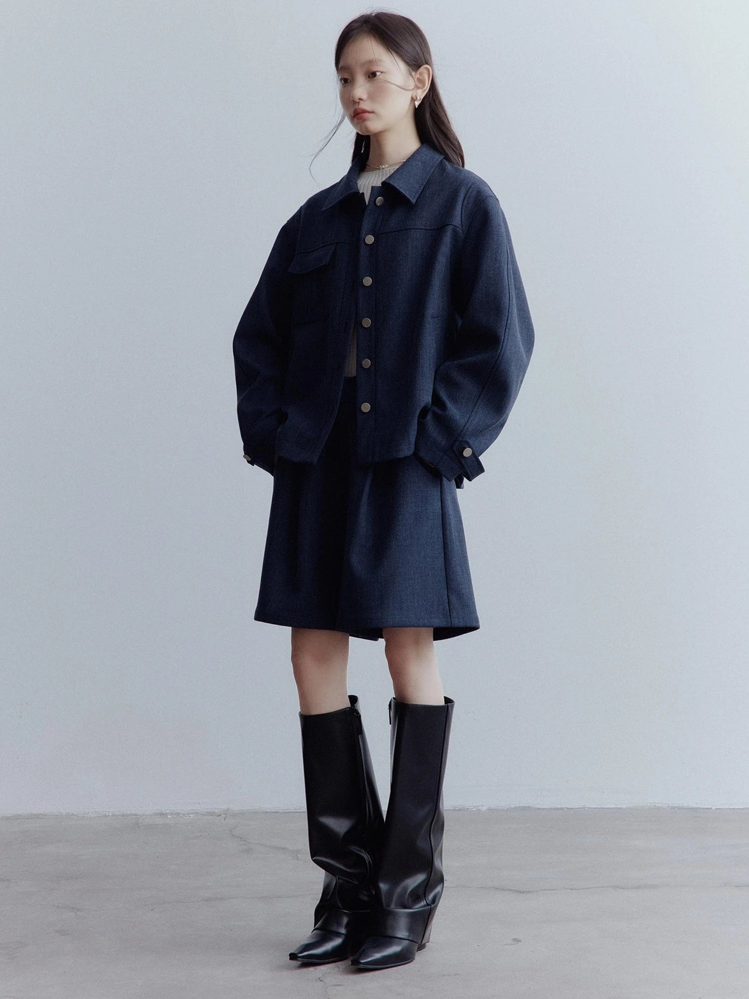 Midnight Blue Wool Blend Wide Leg Shorts