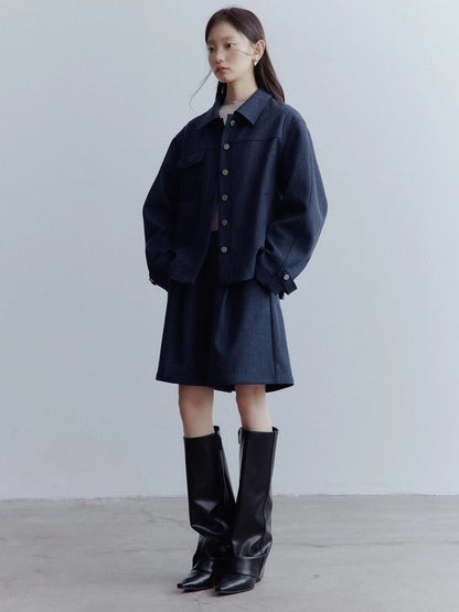 Midnight Blue Wool Blend Wide Leg Shorts