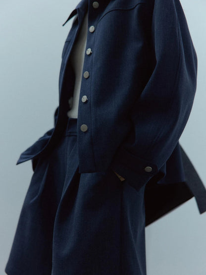 Midnight Blue Wool Blend Wide Leg Shorts