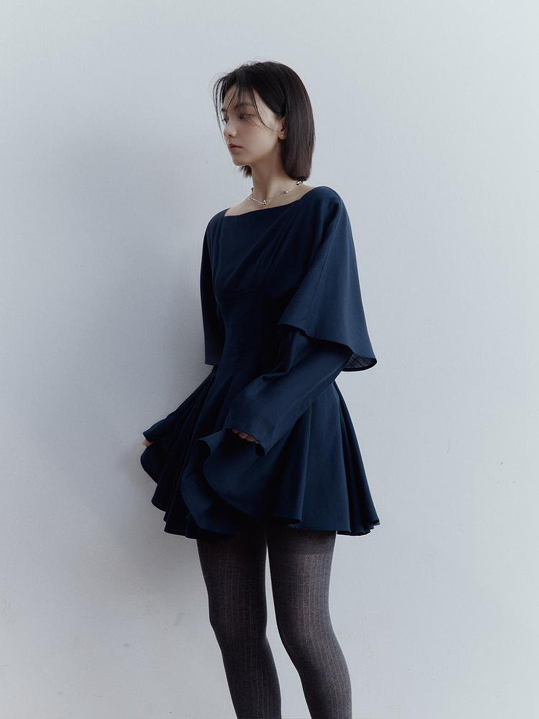 FUSSED Midnight Butterfly Deconstructed Blue Eclipse Tiered Dress V-Neck T-Shirt Long-Sleeve