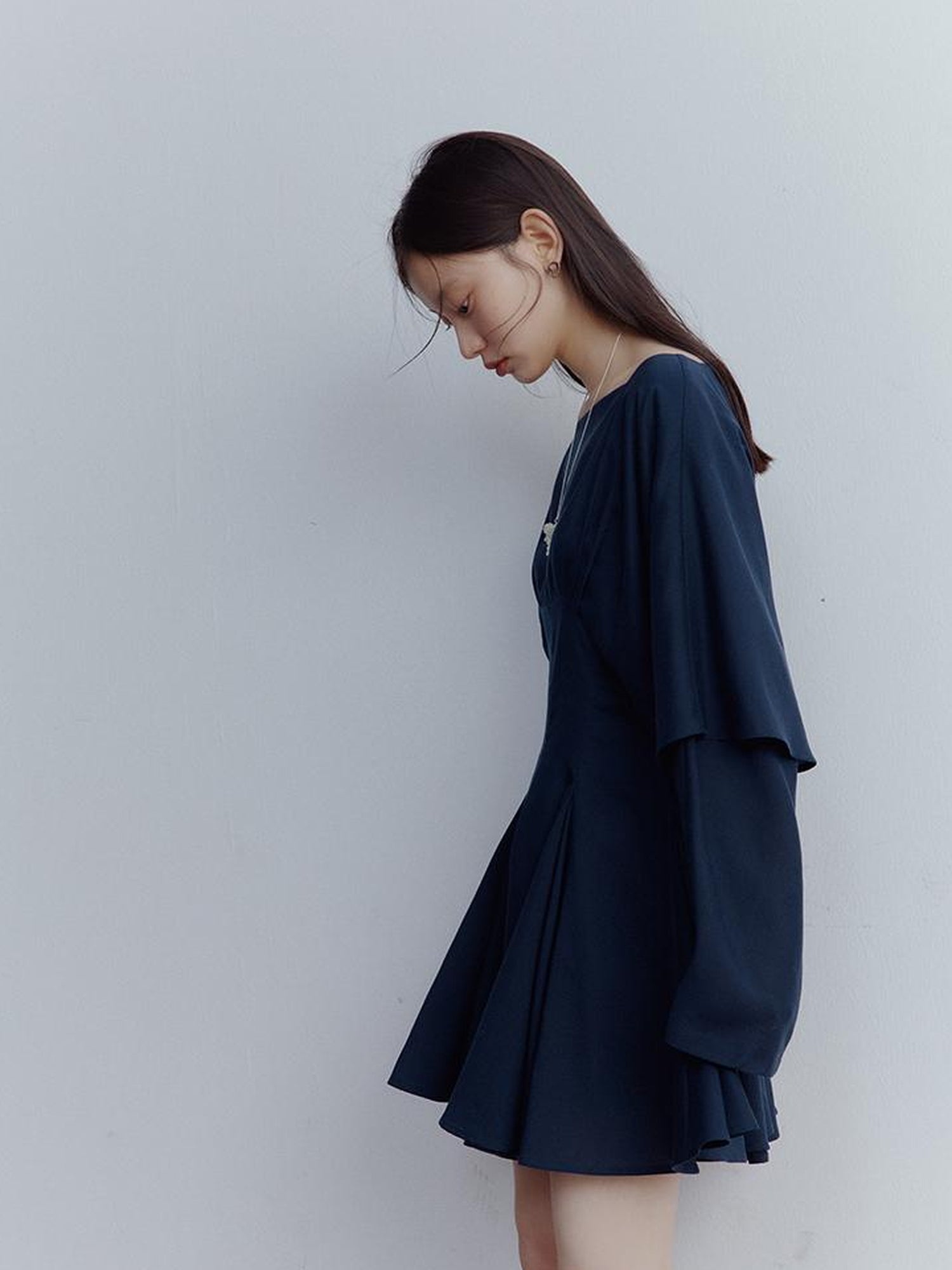 FUSSED Midnight Butterfly Deconstructed Blue Eclipse Tiered Dress V-Neck T-Shirt Long-Sleeve