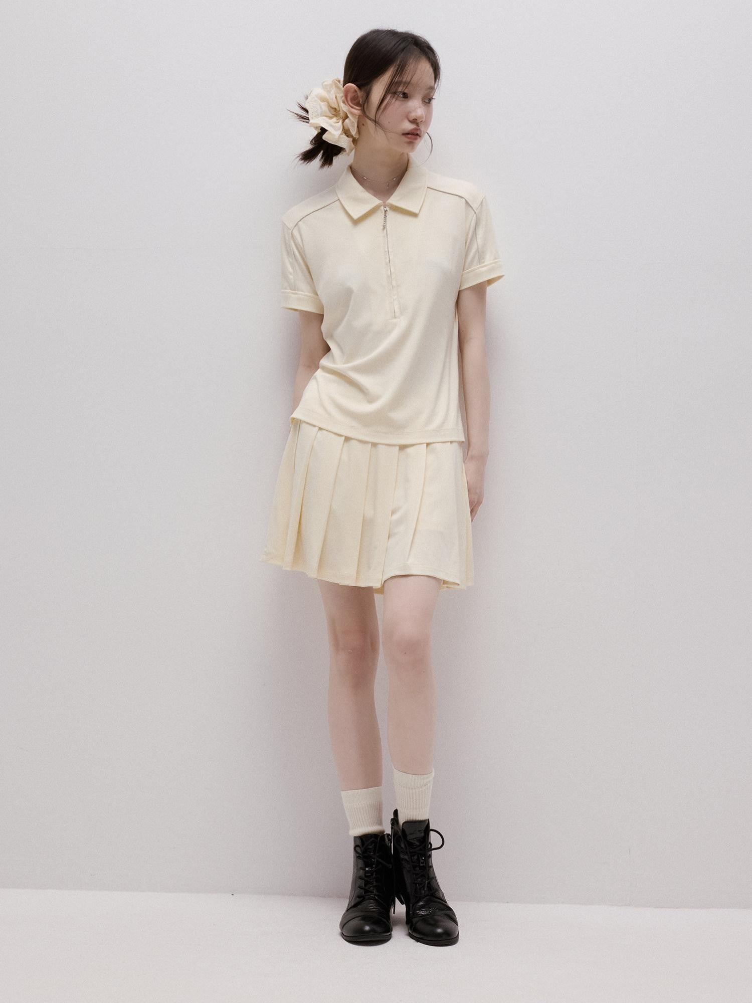 FUSSED Milky Almond Boxy Layered Academy Polo Collar Women&