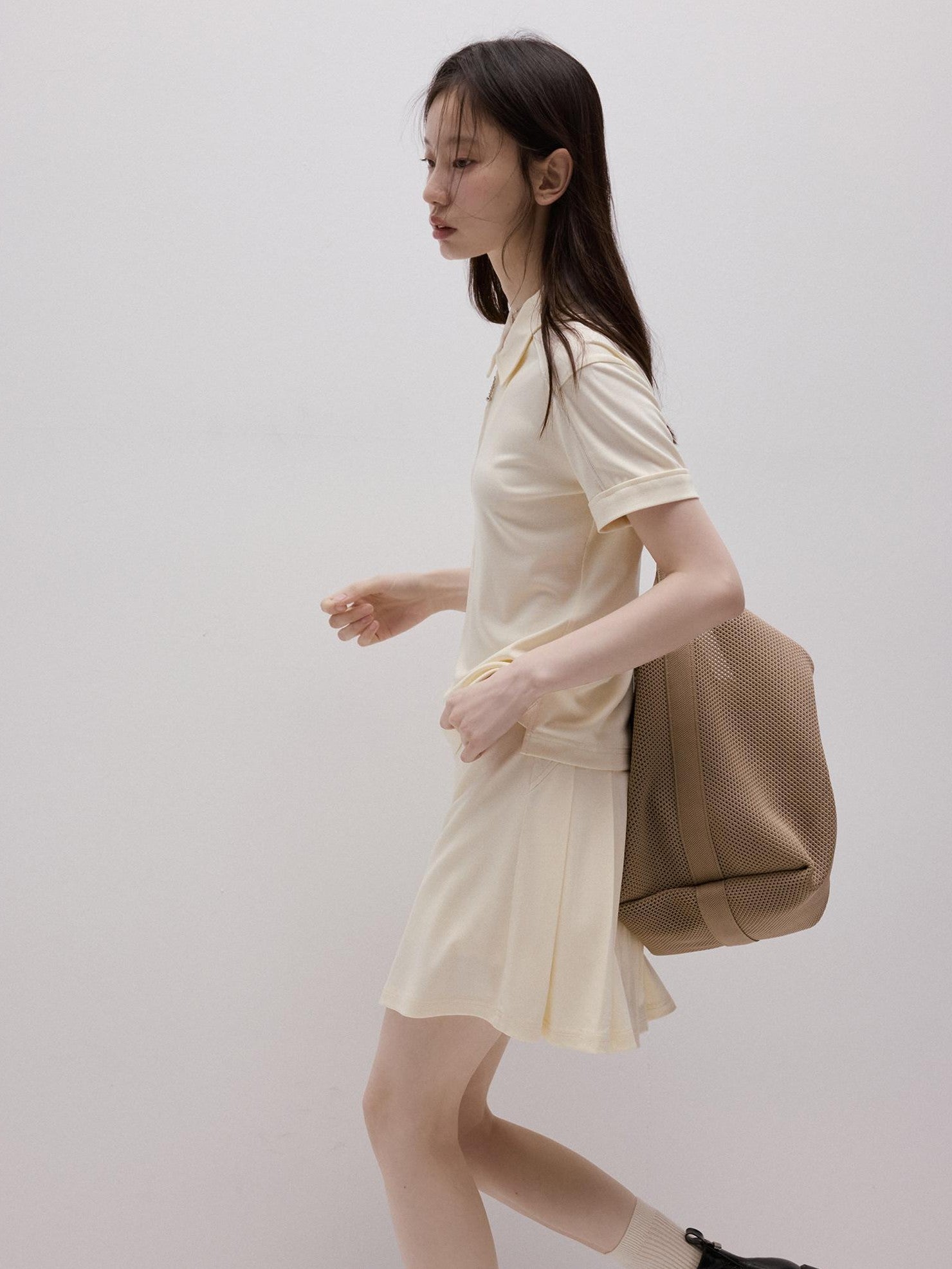 FUSSED Milky Almond Boxy Layered Academy Polo Collar Women&
