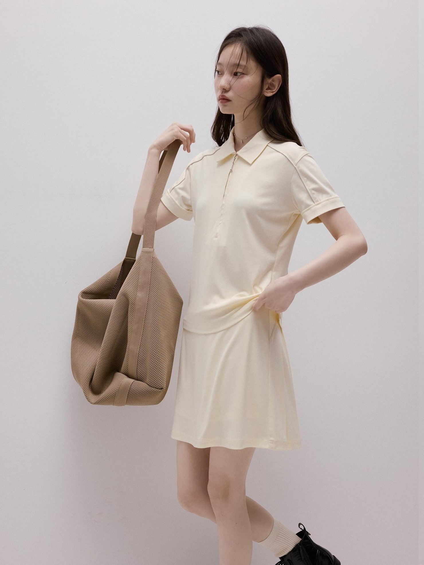 FUSSED Milky Almond Boxy Layered Academy Polo Collar Women&