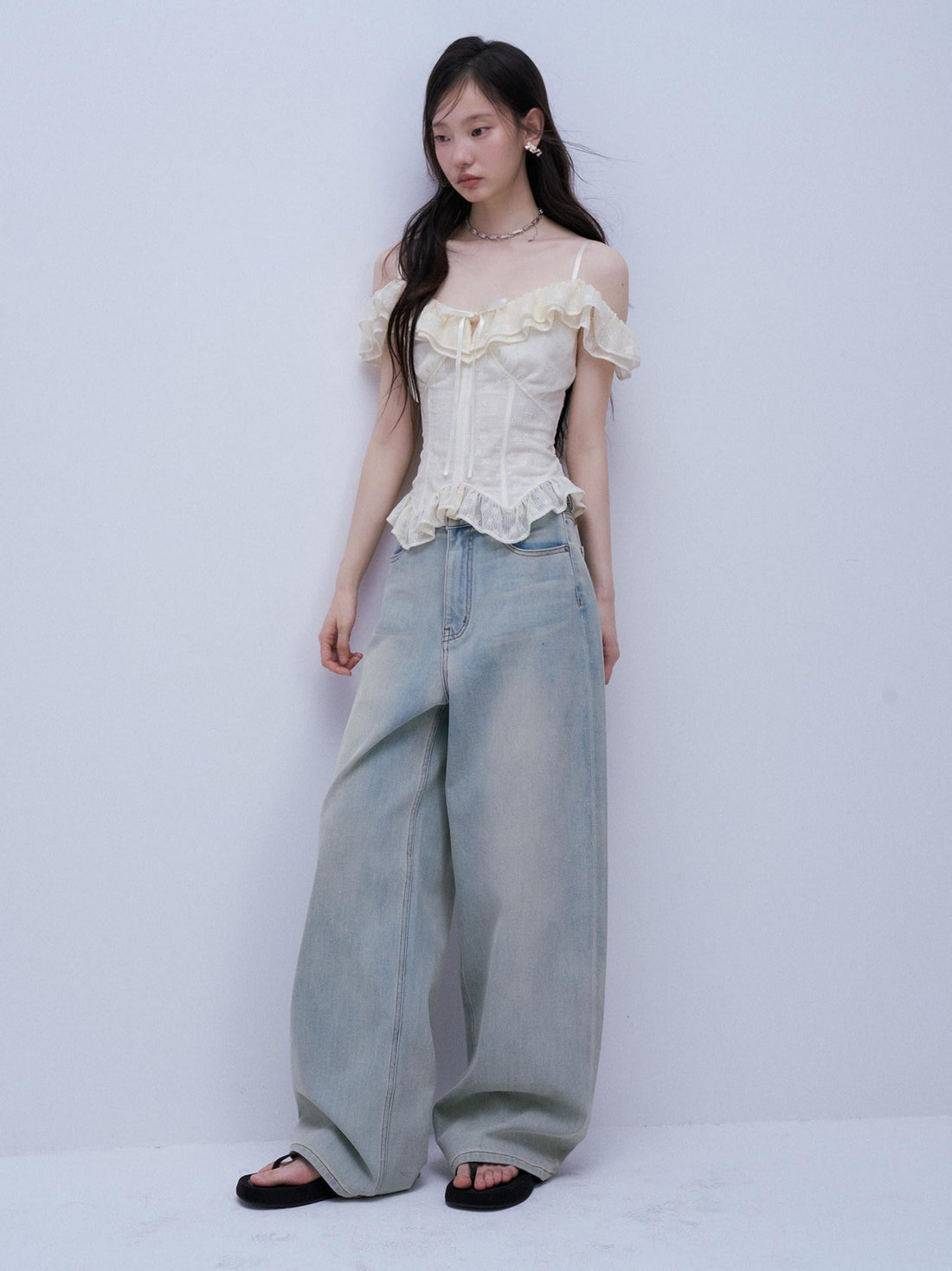 FUSSED Milky Almond Embossed Jacquard V-neck Layered Splice Women&