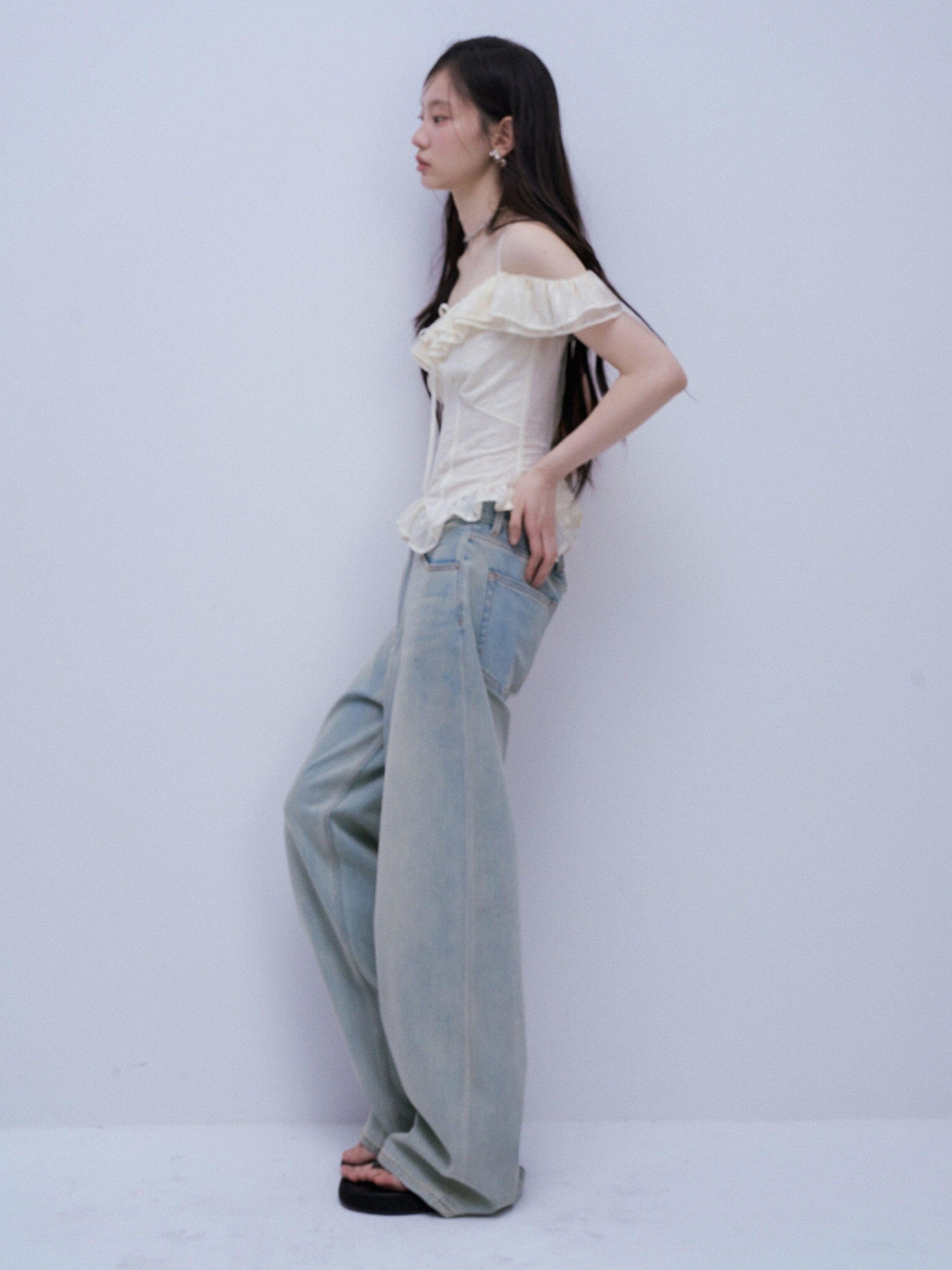 FUSSED Milky Almond Embossed Jacquard V-neck Layered Splice Women&