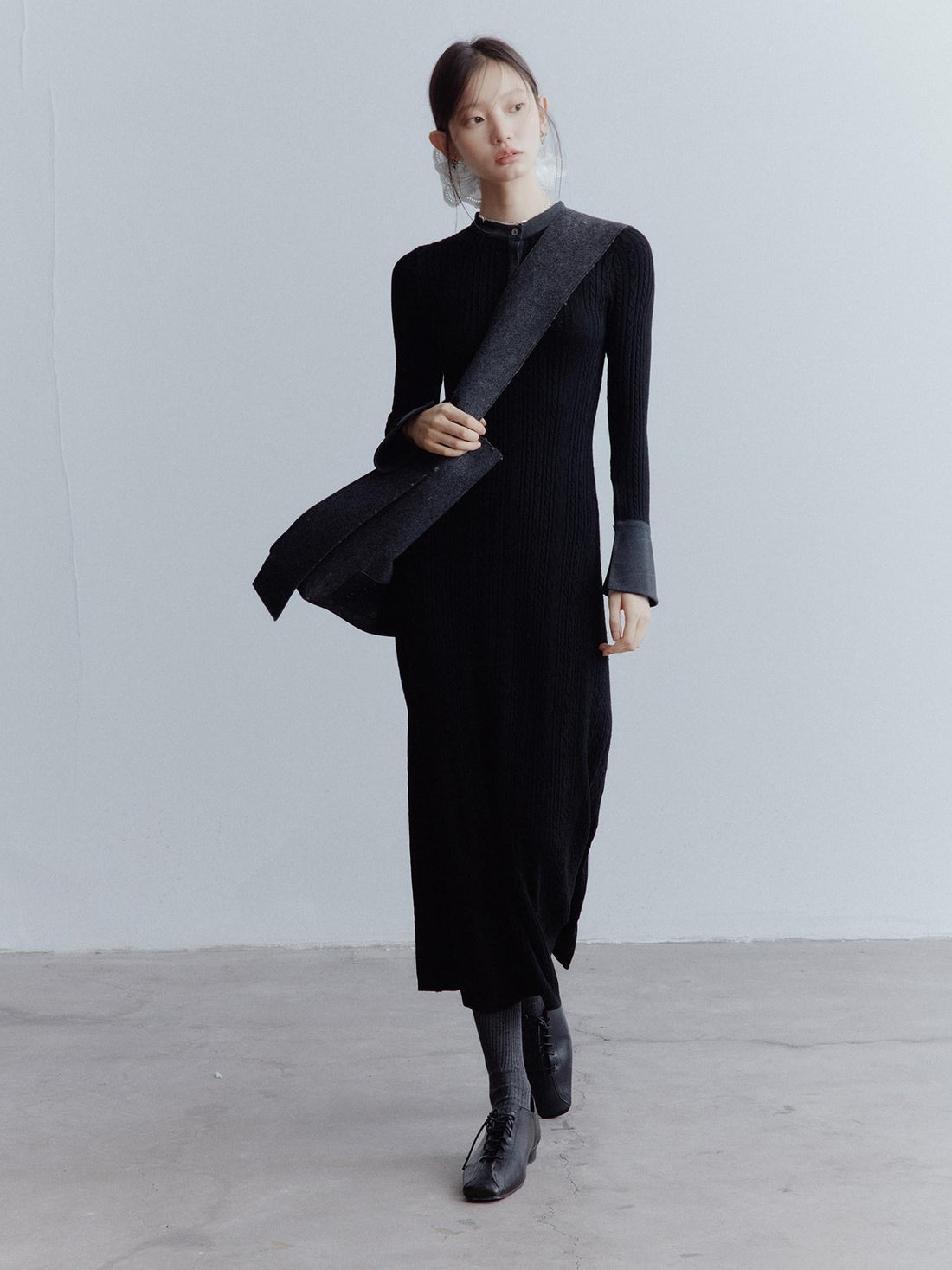 FUSSED Minimalist Slim Fit Long Sleeve Henley Half Zip Knit Black Women Maxi Dresses