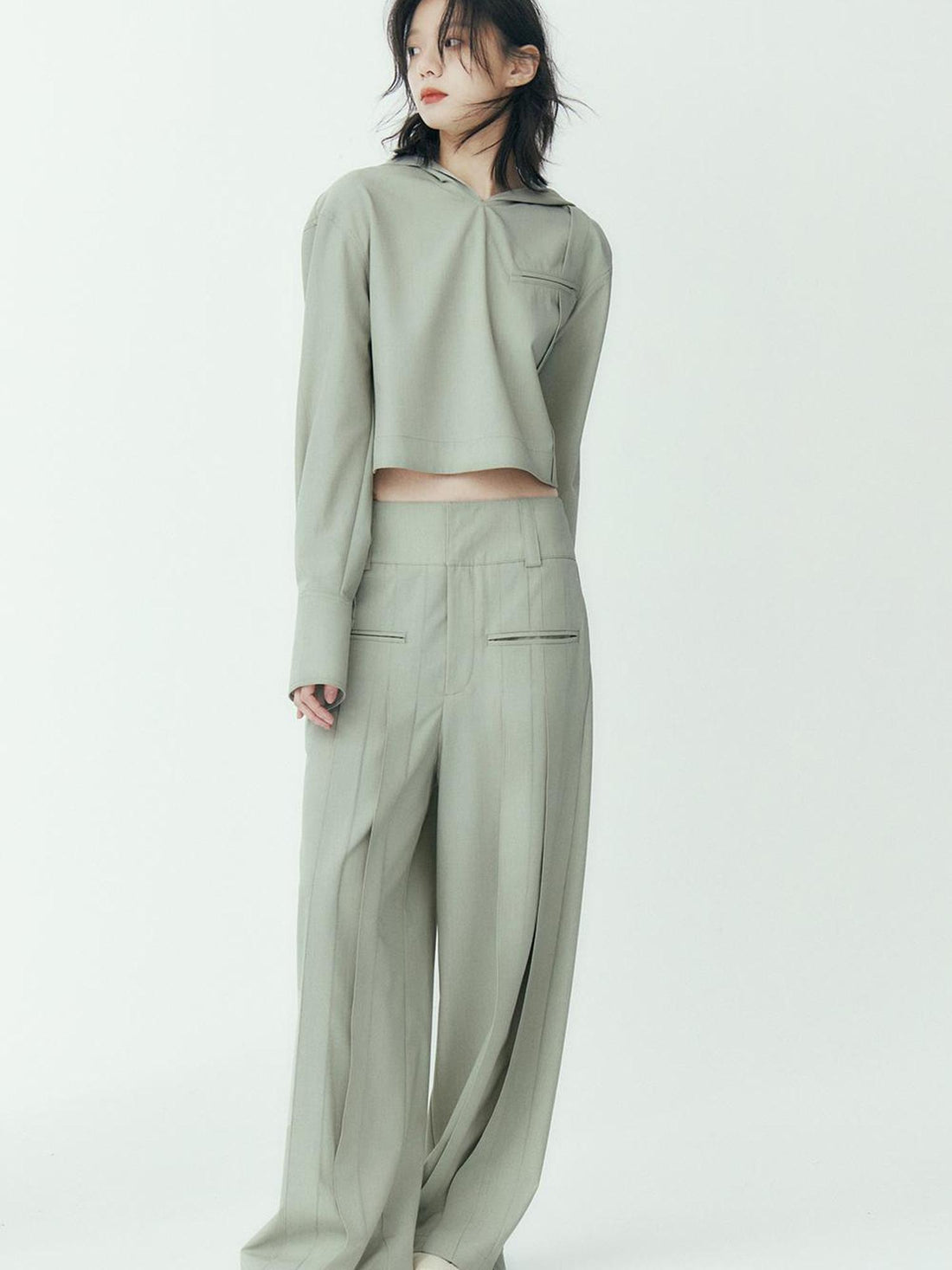FUSSED Mint Green Pleated Wide Leg Trousers With Double Fold Design