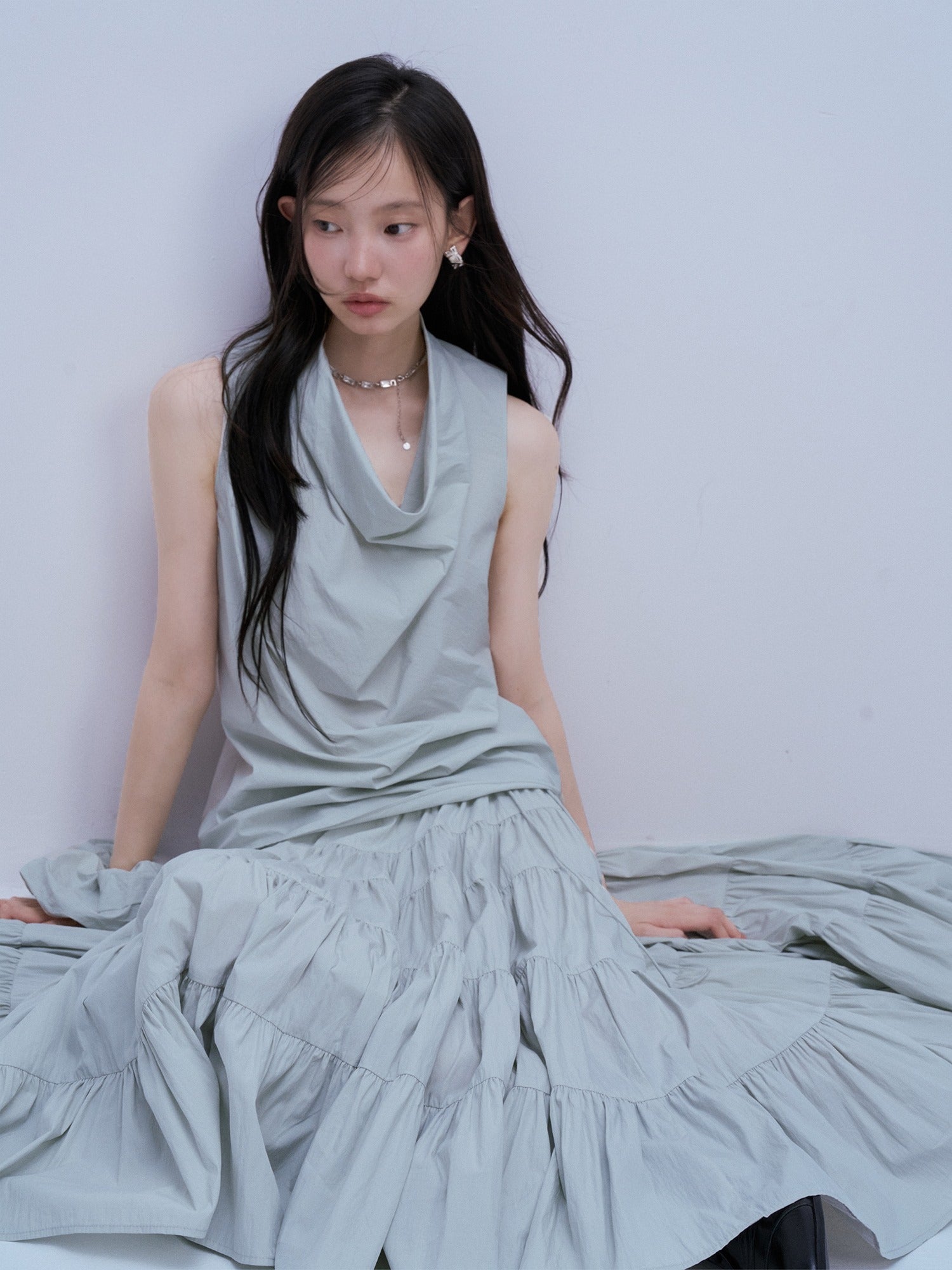 FUSSED_Mist_Blue_Textured_Check_Cowl_Neck_Slim_Fit_Women&