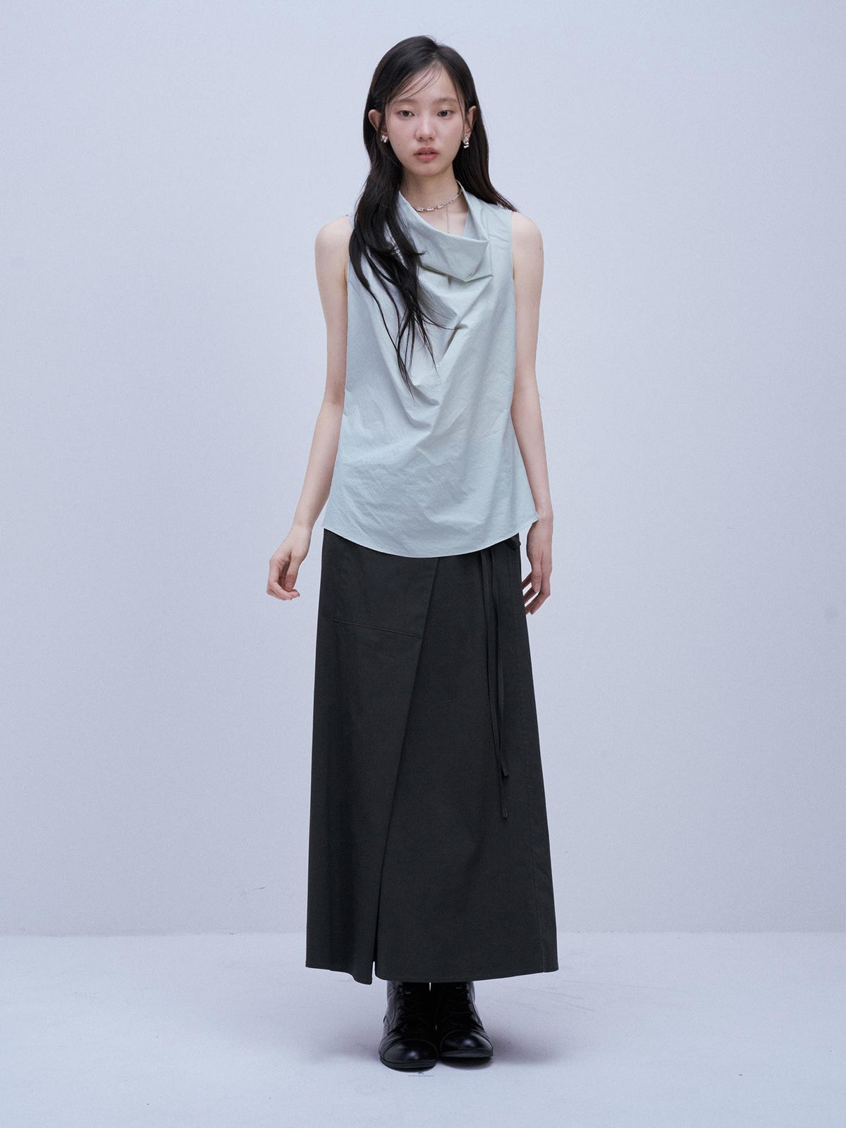 FUSSED Mist Blue Textured Check Cowl Neck Slim Fit Women&