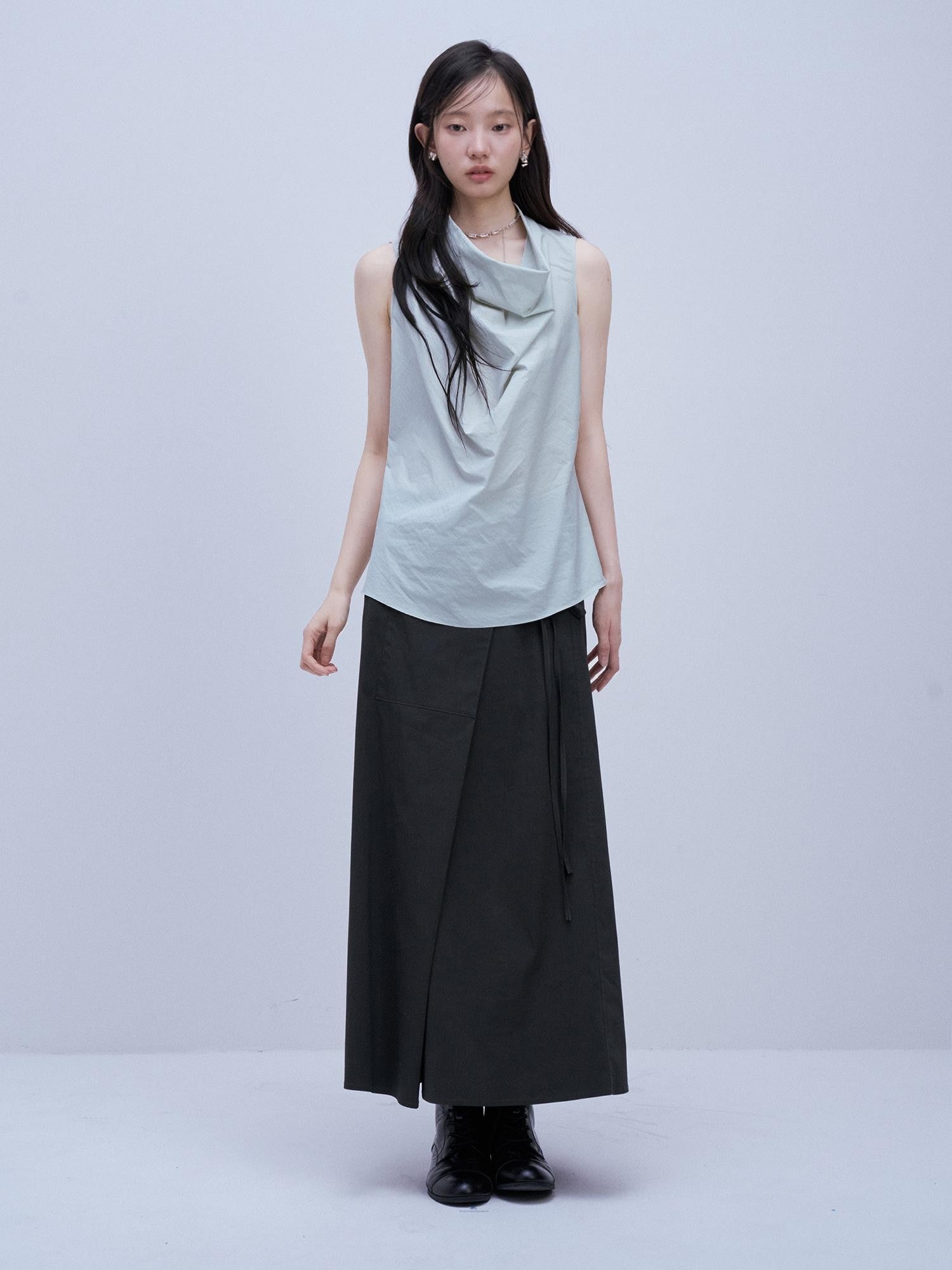 FUSSED Mist Blue Textured Check Cowl Neck Slim Fit Women&