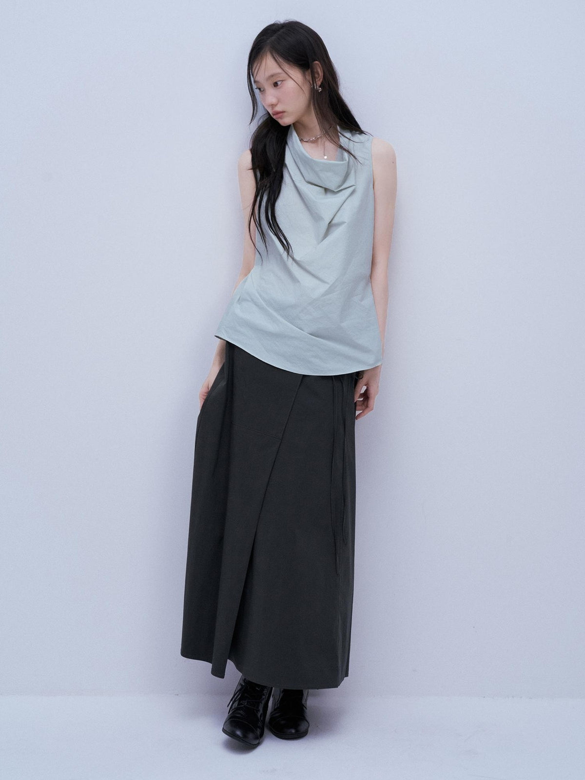 FUSSED Mist Blue Textured Check Cowl Neck Slim Fit Women&