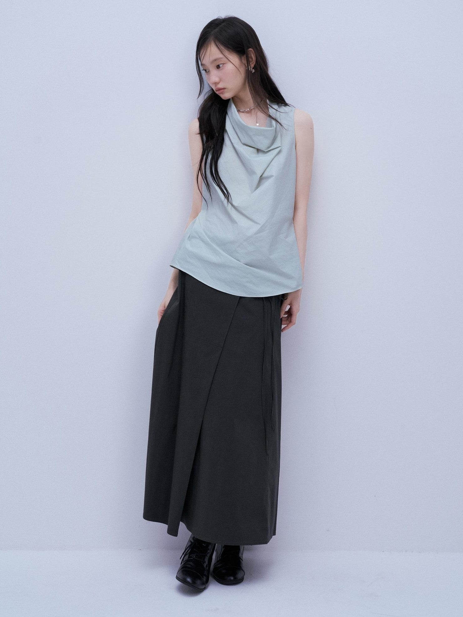 FUSSED Mist Blue Textured Check Cowl Neck Slim Fit Women&