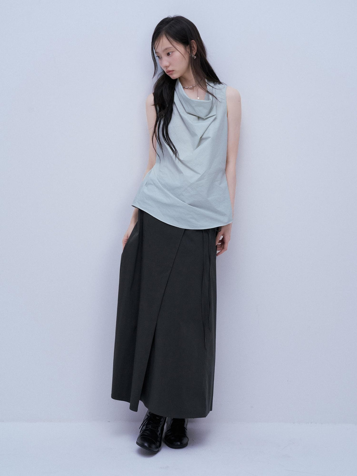 FUSSED Mist Blue Textured Check Cowl Neck Slim Fit Women&