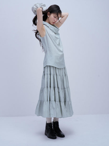 FUSSED Mist Blue Textured Check Cowl Neck Slim Fit Women&