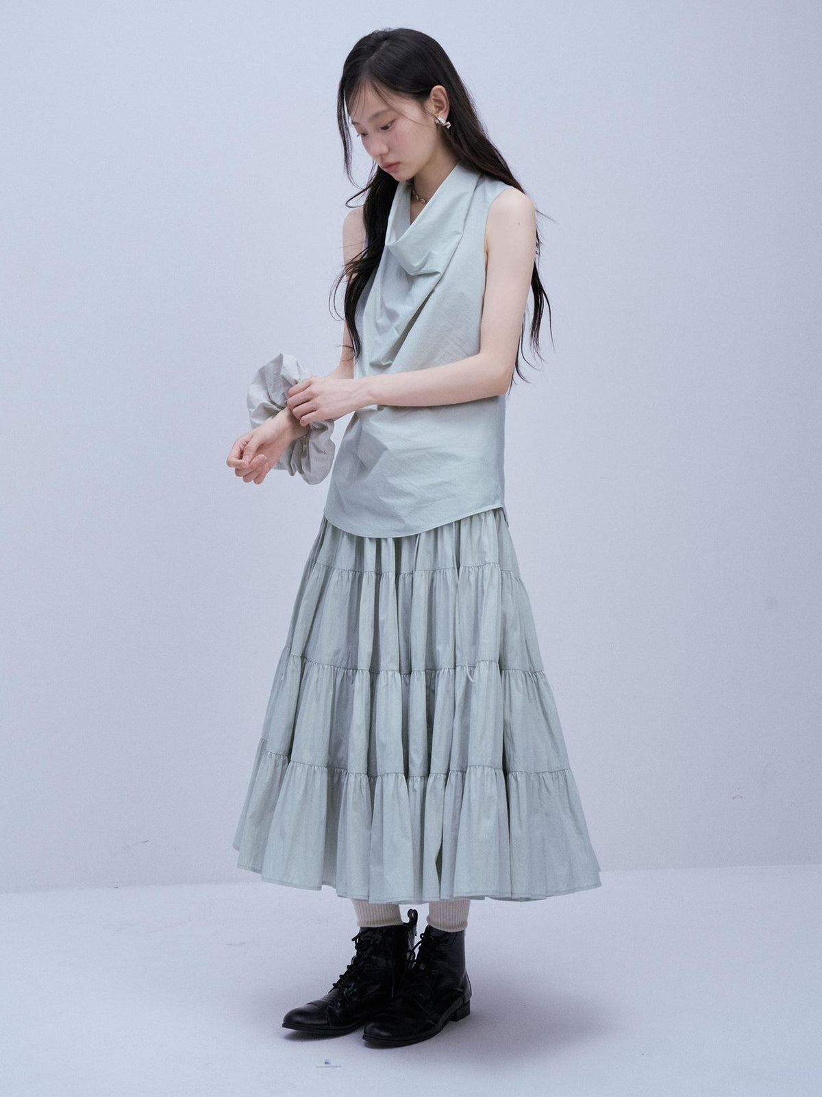 FUSSED Mist Blue Textured Check Cowl Neck Slim Fit Women&