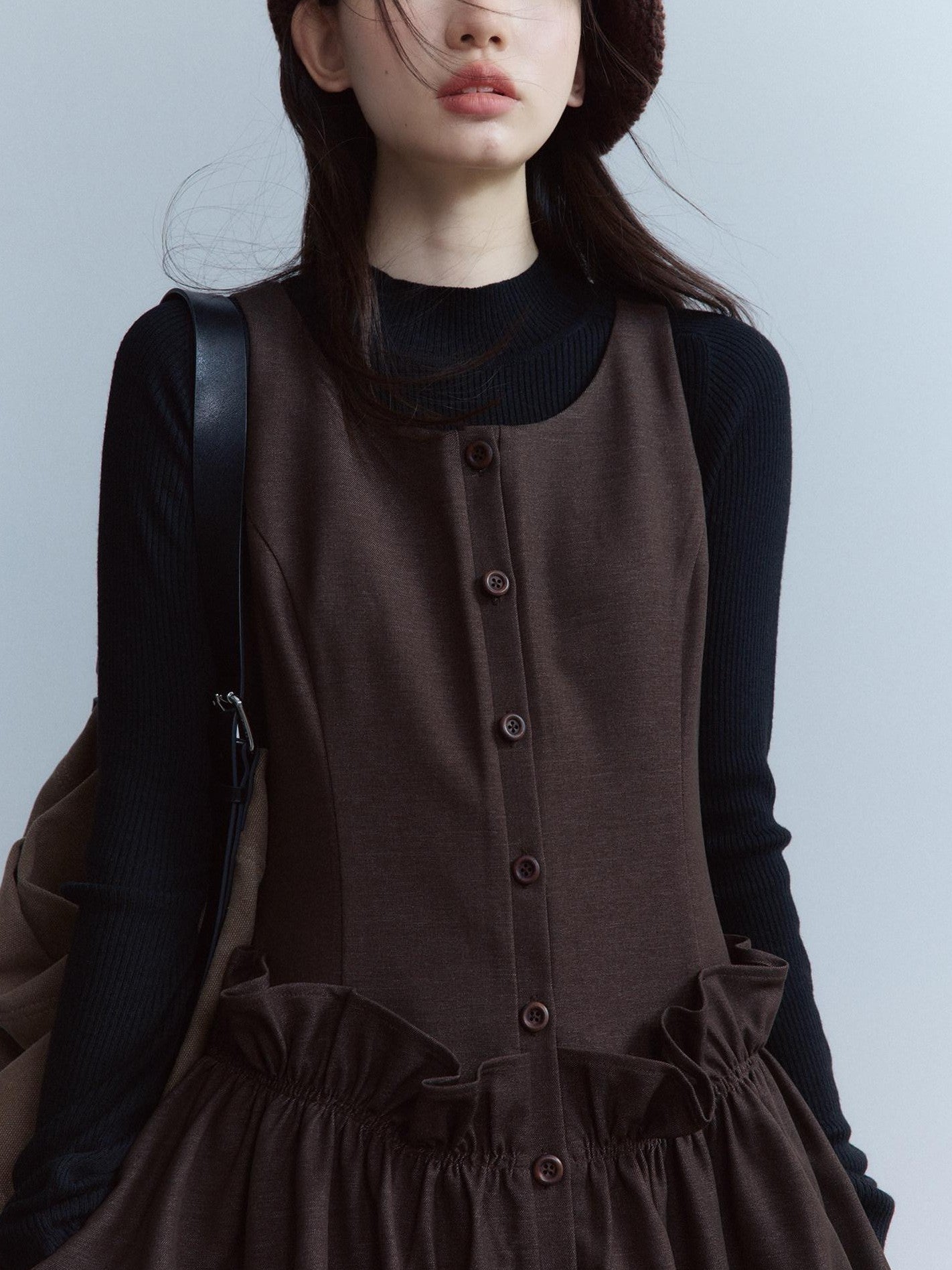 FUSSED Mist Brown 3d Ruffle Patchwork Twist Pleat Women&