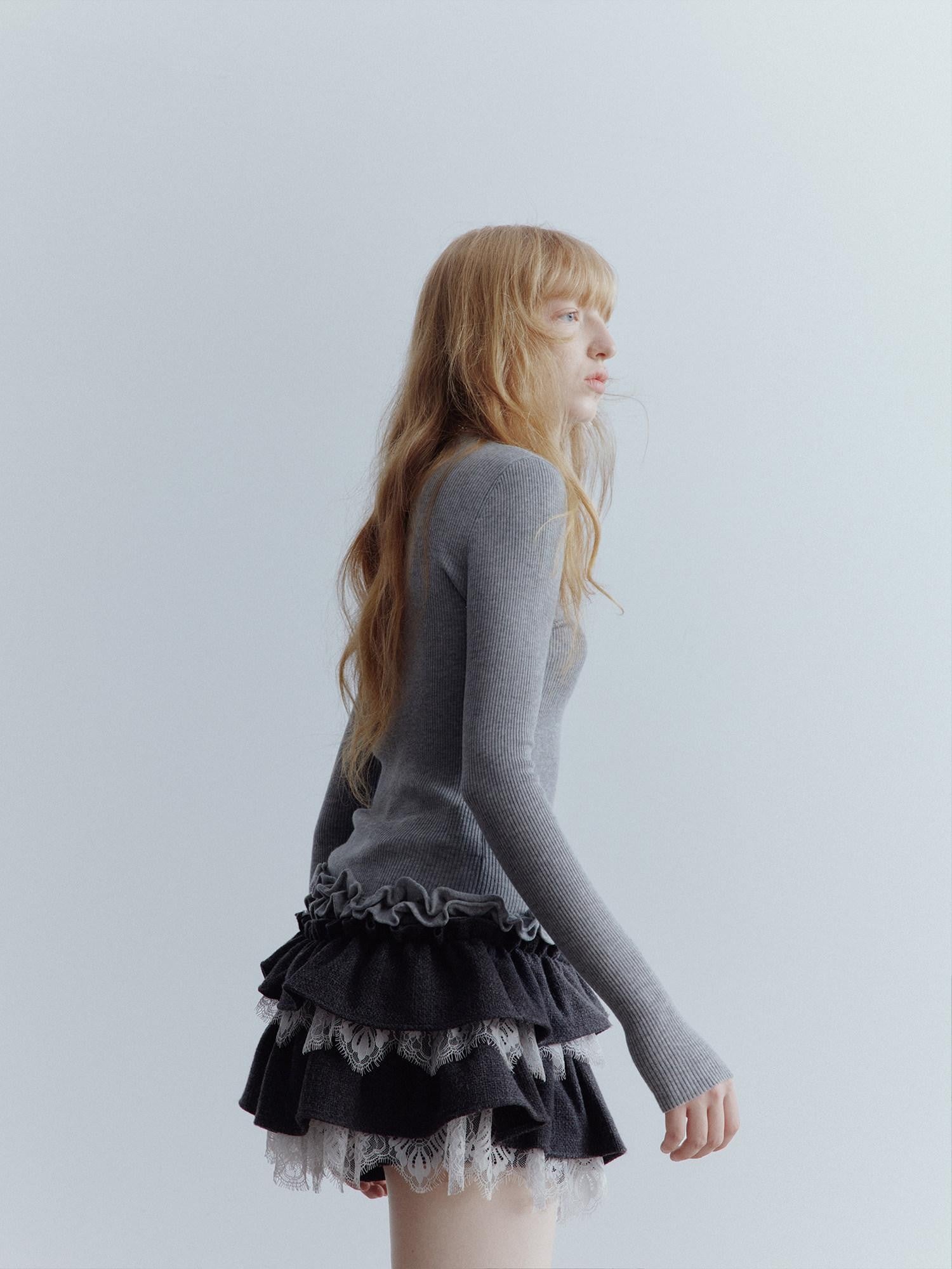 FUSSED Mist Gray 3d Ruffle Openwork Women&