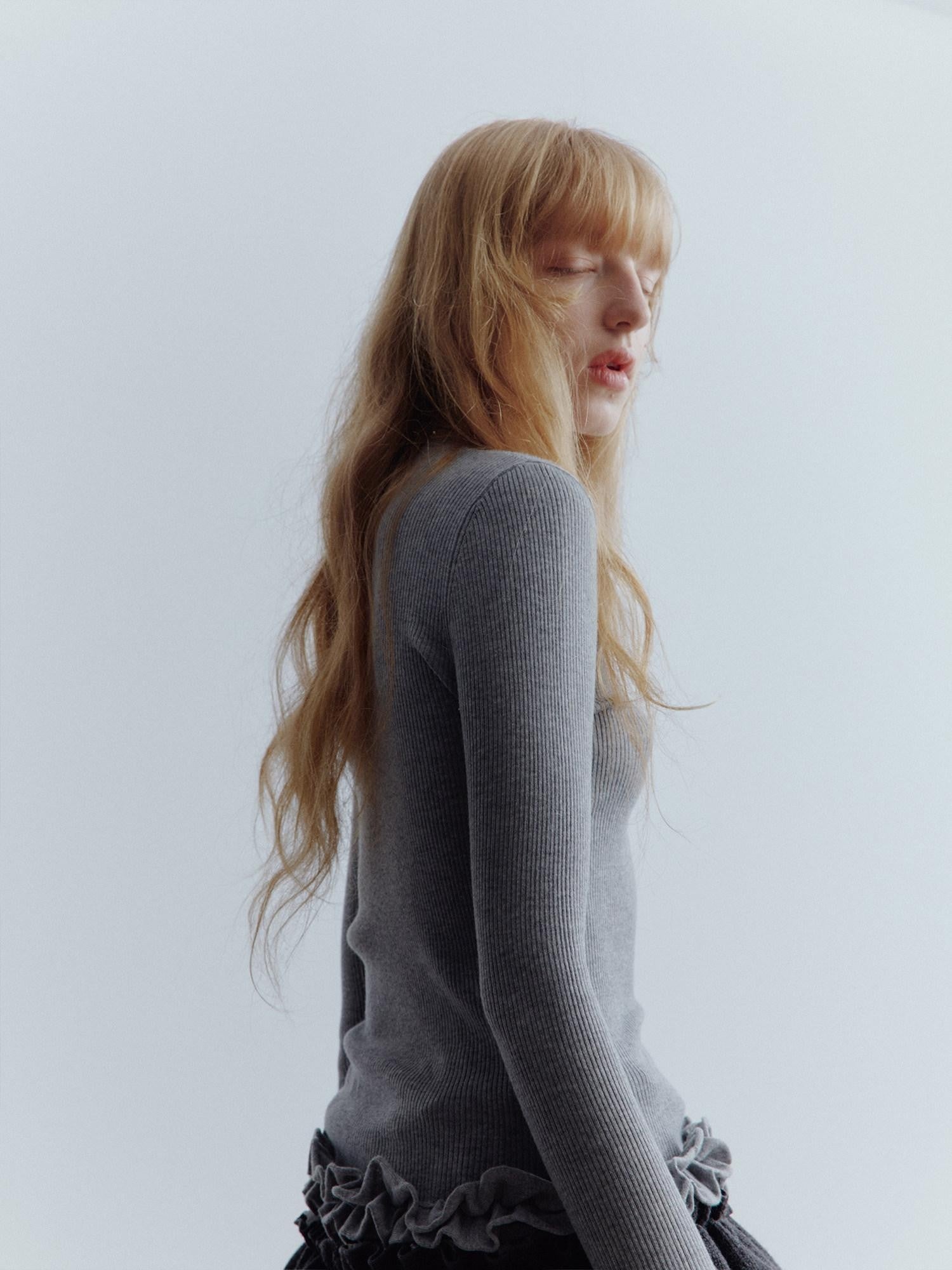 FUSSED Mist Gray 3d Ruffle Openwork Women&