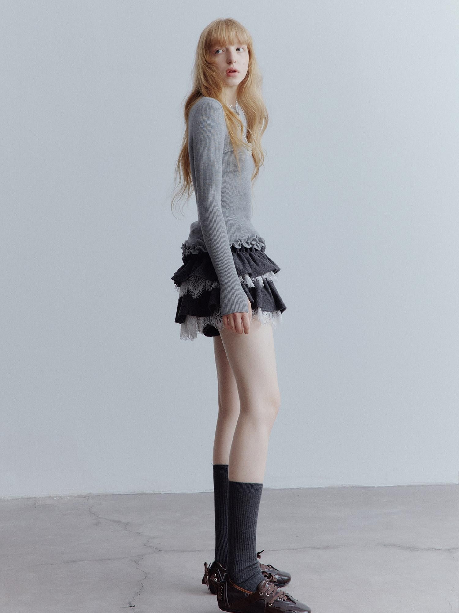 FUSSED Mist Gray 3d Ruffle Openwork Women&