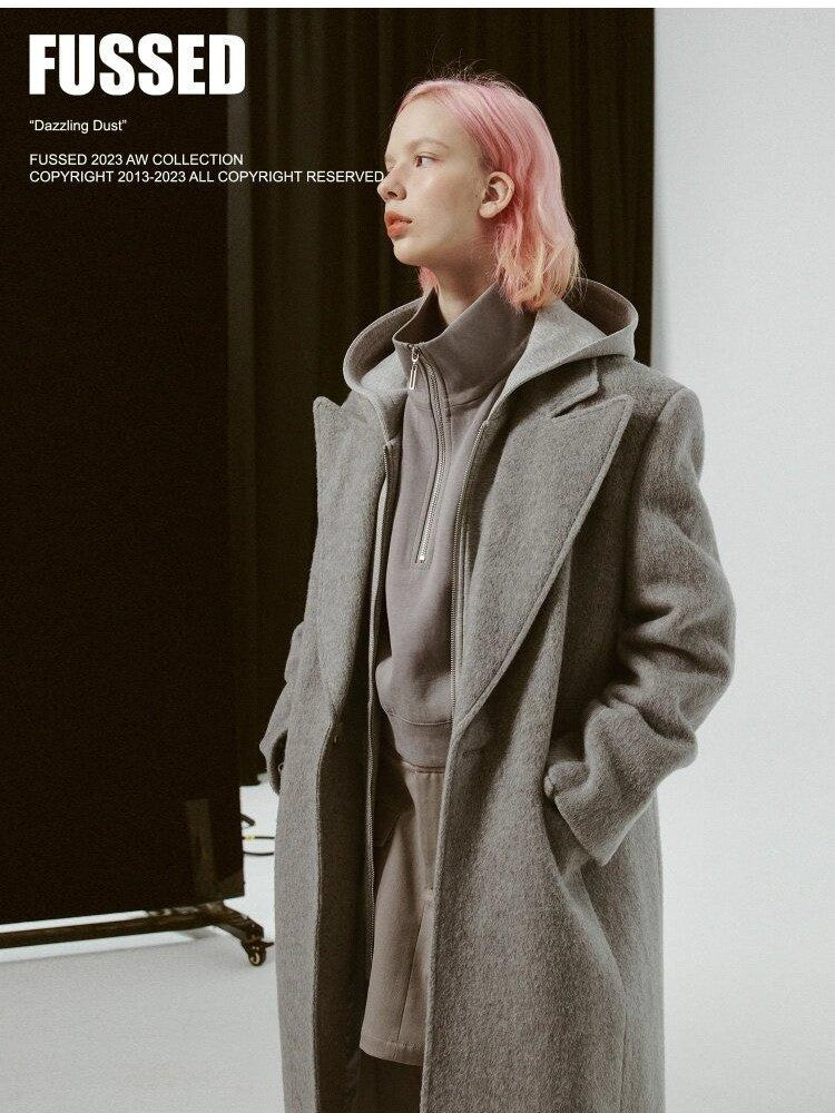 FUSSED Mist Gray Plush Double Faced Notched Lapel Women&