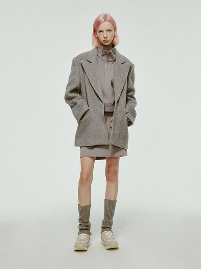 FUSSED Mist Gray Short Plush Notched Lapel Women&