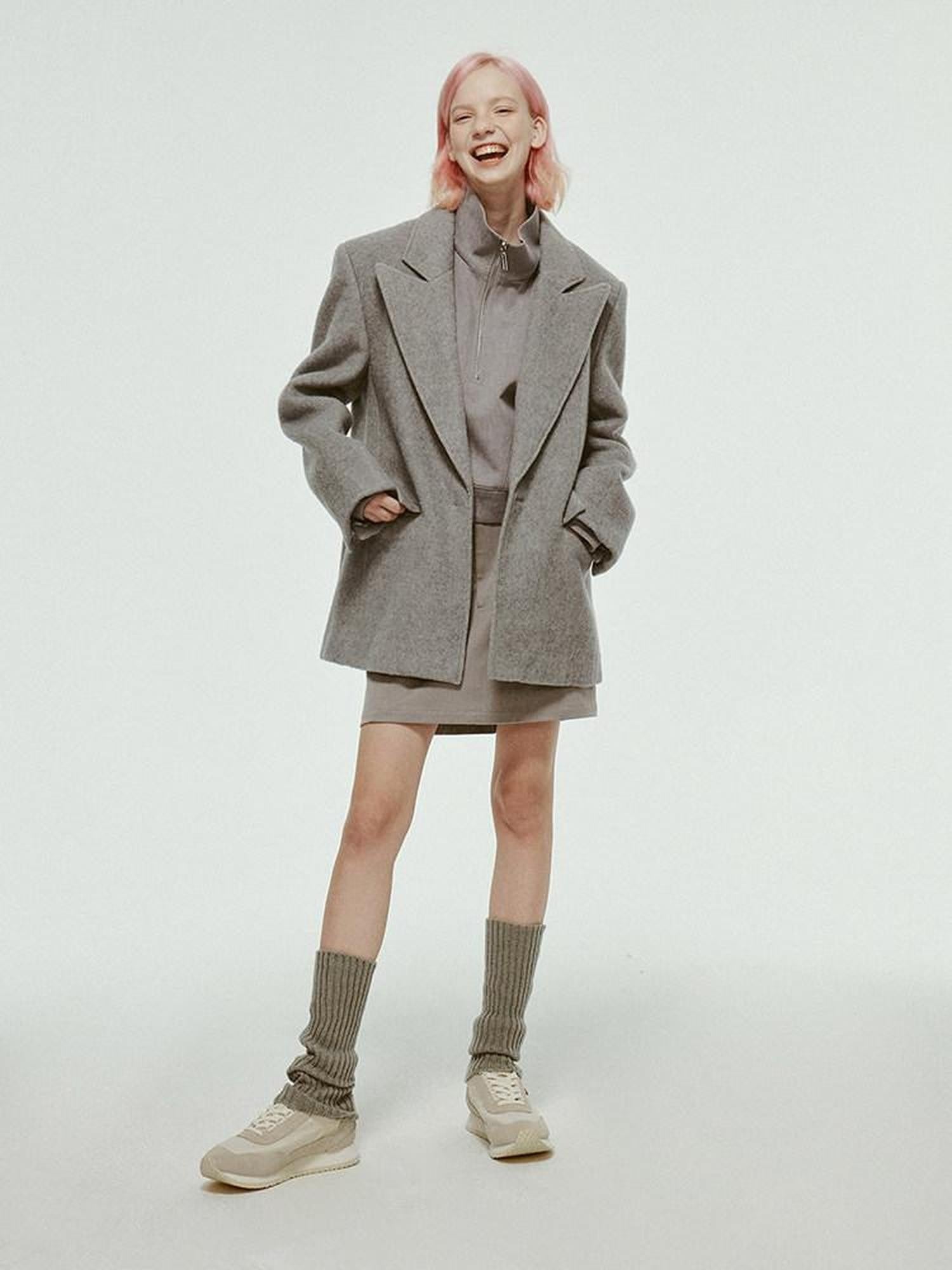 FUSSED Mist Gray Short Plush Notched Lapel Women&