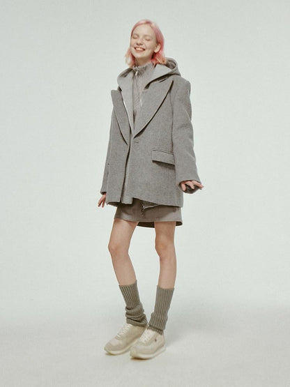 FUSSED Mist Gray Short Plush Notched Lapel Women&