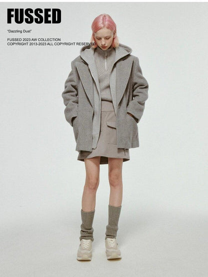 FUSSED Mist Gray Short Plush Notched Lapel Women&