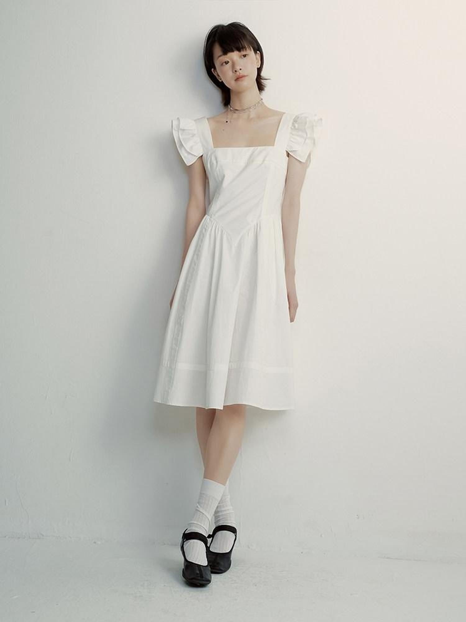 FUSSED Mist White Double Layer Ruffle Patchwork Women&