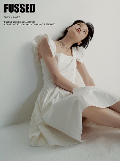 FUSSED Mist White Double Layer Ruffle Patchwork Women&