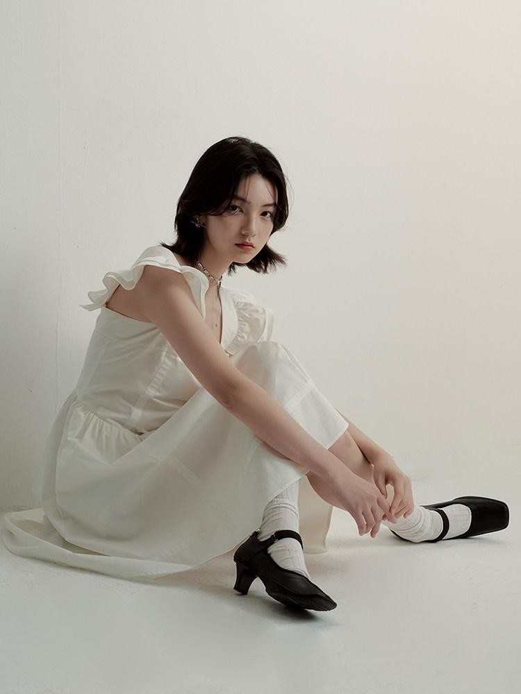 FUSSED Mist White Double Layer Ruffle Patchwork Women&