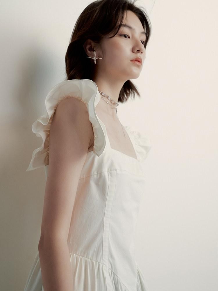 FUSSED Mist White Double Layer Ruffle Patchwork Women&