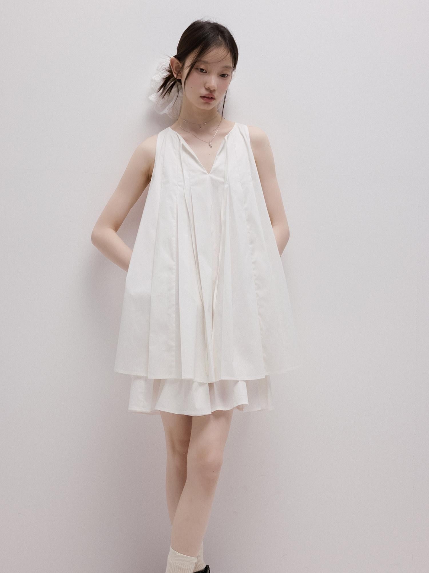 FUSSED Mist White Heavy Pleated Layered Splice Women&
