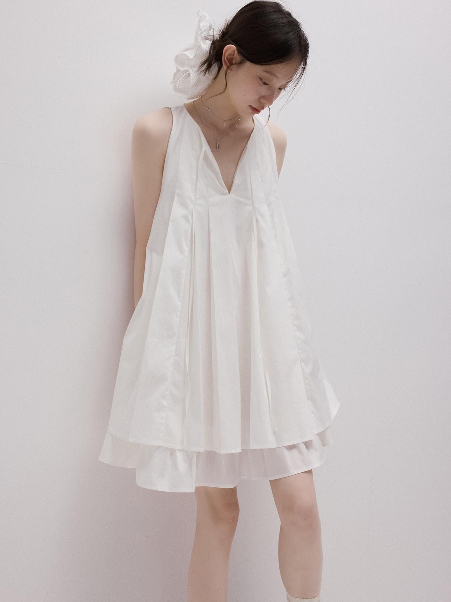 FUSSED Mist White Heavy Pleated Layered Splice Women&