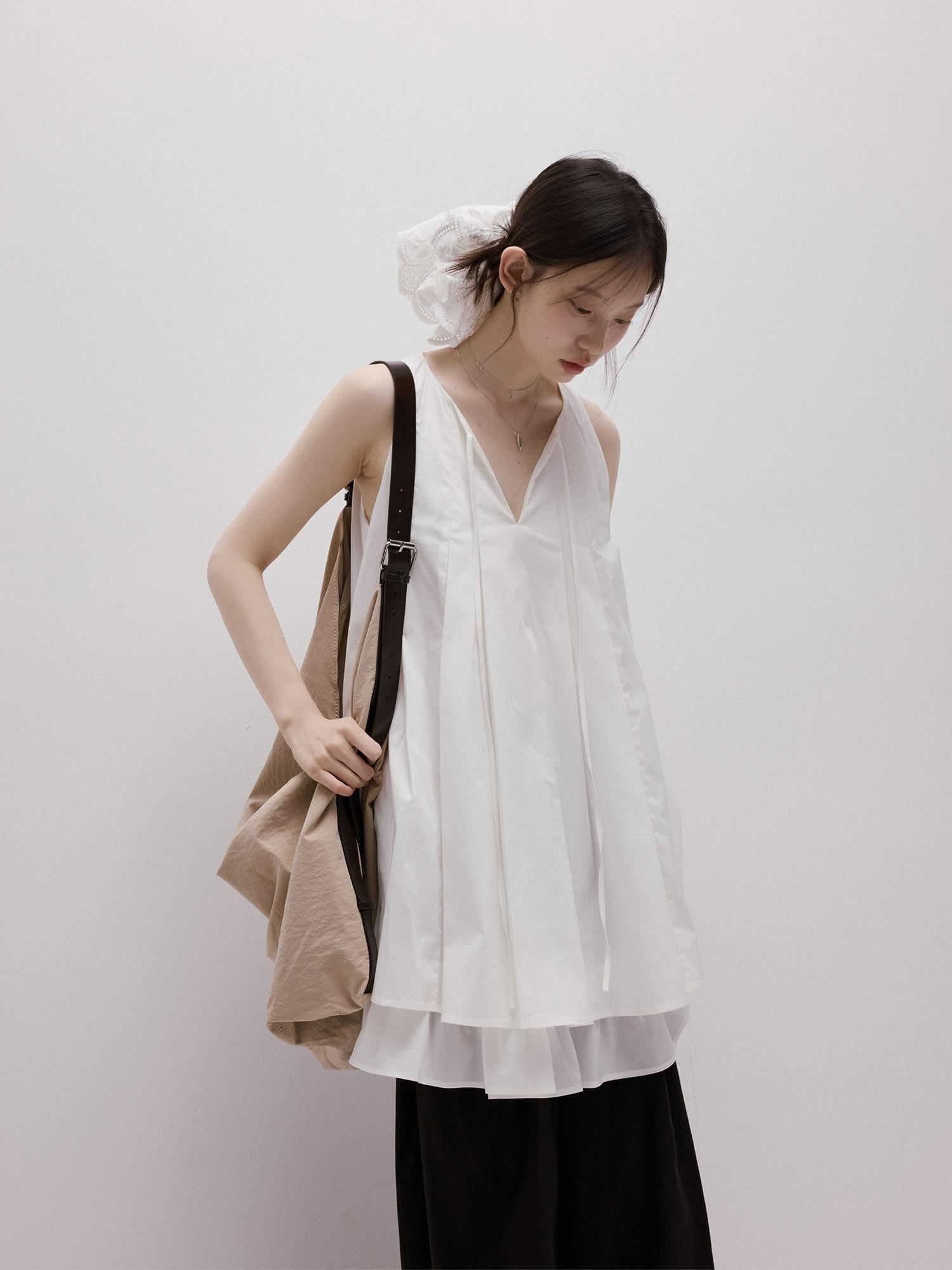 FUSSED Mist White Heavy Pleated Layered Splice Women&