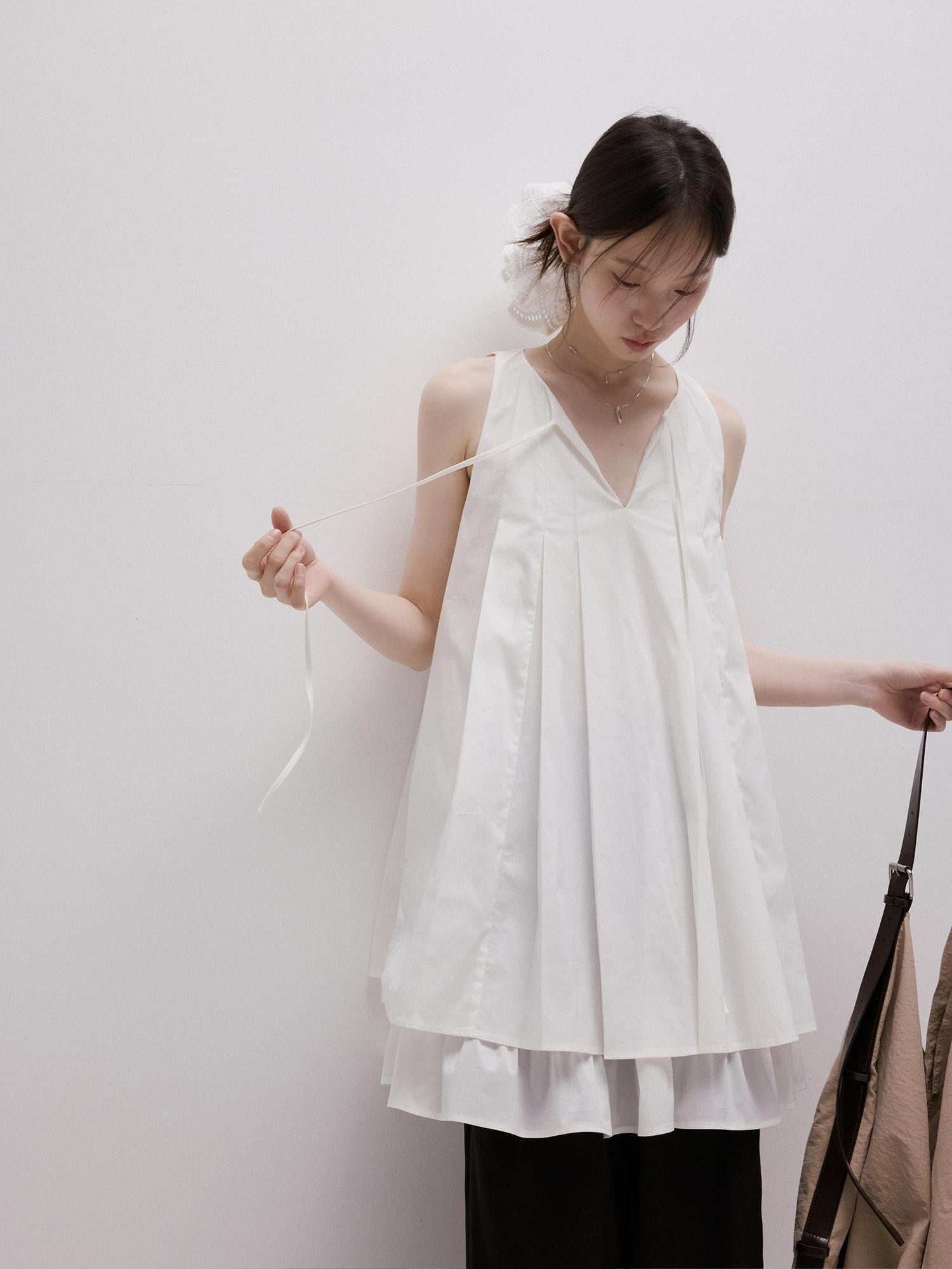 FUSSED Mist White Heavy Pleated Layered Splice Women&