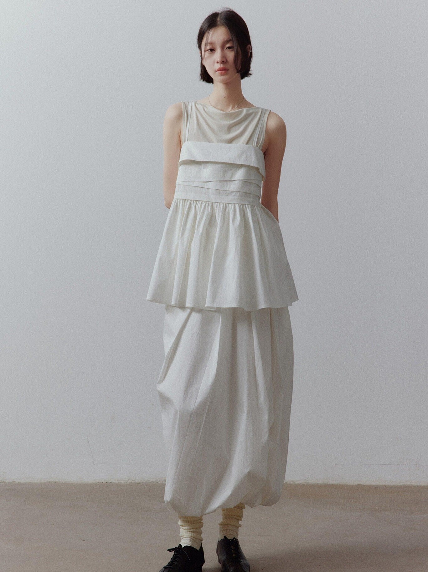 FUSSED Mist White Layered Patchwork Irregular Pleated Zipper Women&