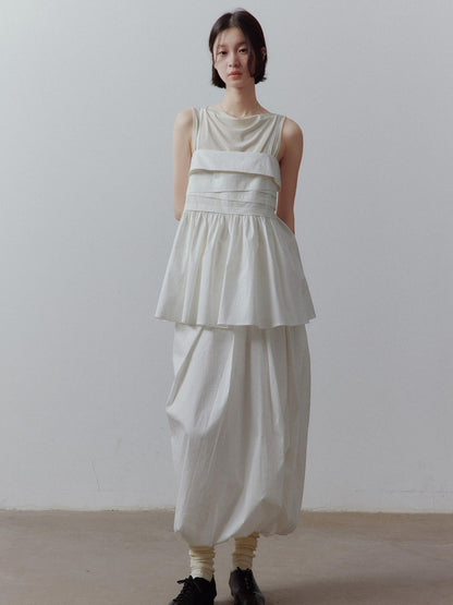 FUSSED Mist White Layered Patchwork Irregular Pleated Zipper Women&