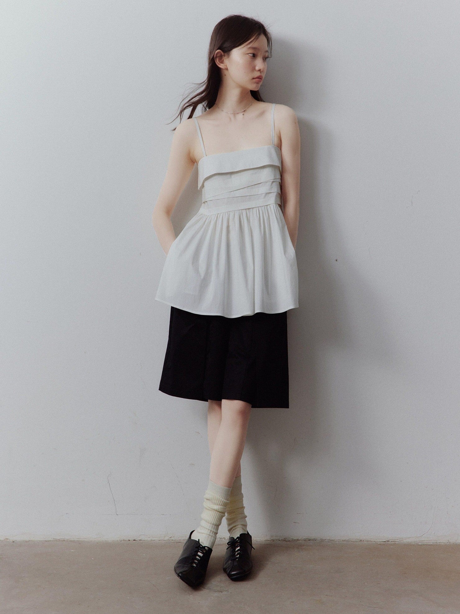 FUSSED Mist White Layered Patchwork Irregular Pleated Zipper Women&