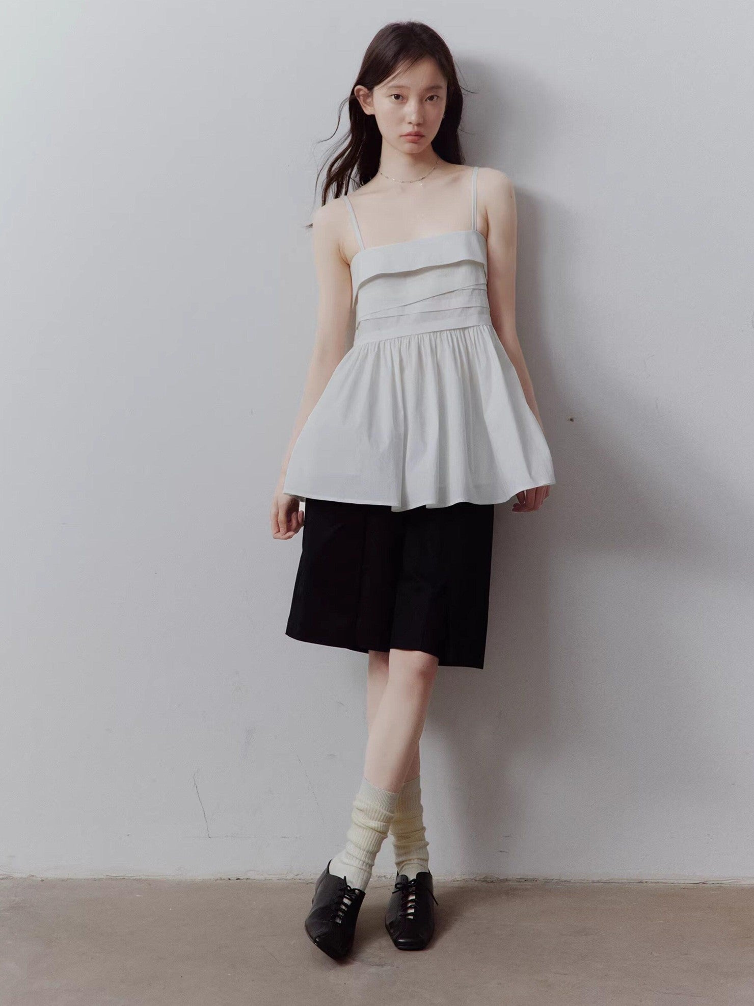 FUSSED Mist White Layered Patchwork Irregular Pleated Zipper Women&