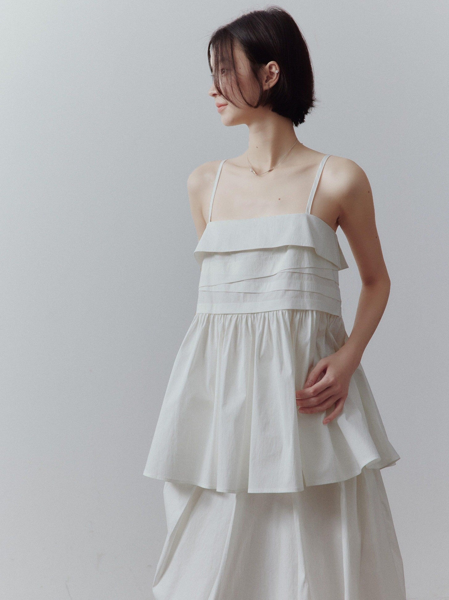 FUSSED Mist White Layered Patchwork Irregular Pleated Zipper Women&