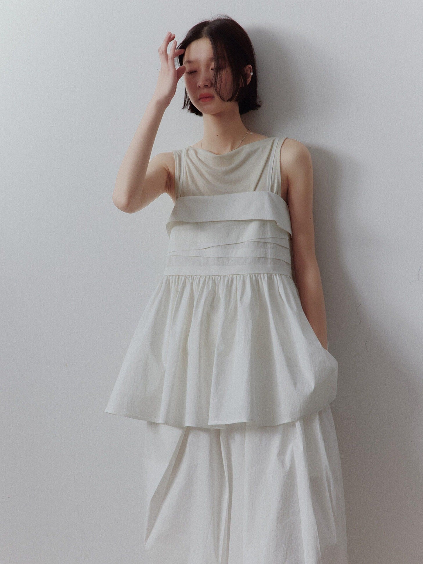 FUSSED Mist White Layered Patchwork Irregular Pleated Zipper Women&